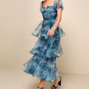 Darling Vision Teal Floral Organza Puff Sleeve Tiered Midi Dress